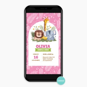 Invitación Digital Animalitos De La Selva Rosa
