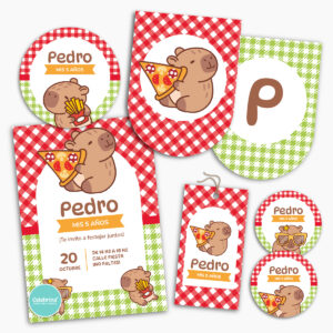 Kit Imprimible Capibara Pizza Party Carpincho Rojo