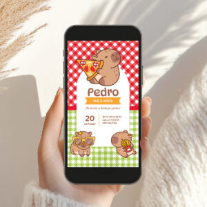 Alternative view of Invitación Digital Capibara Pizza Party Carpincho Rojo