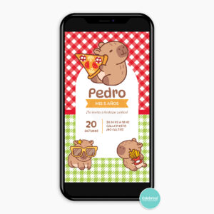 Invitación Digital Capibara Pizza Party Carpincho Rojo