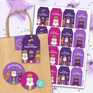 Kit Imprimible Reyes Magos Mágicos Violeta Papelería Tags y Etiquetas